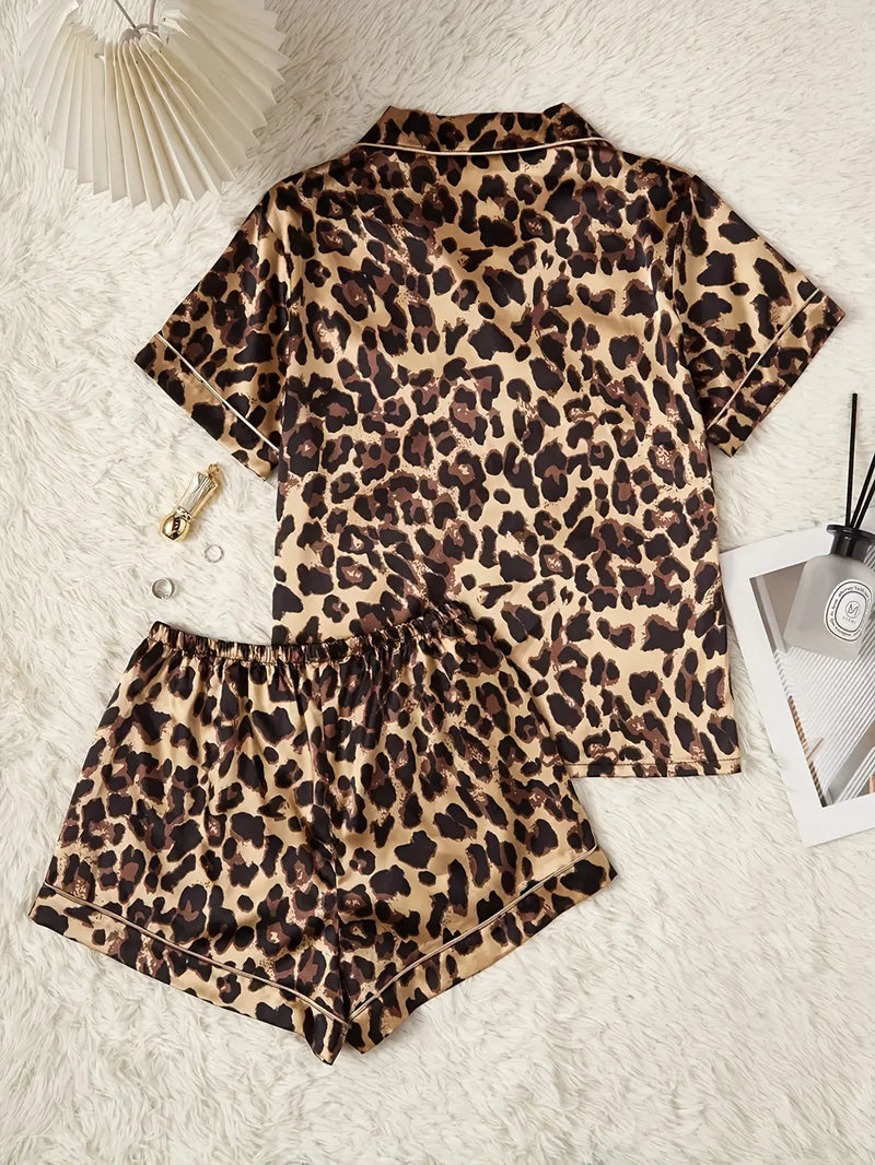 Summer Leopard Print Two Piece Pajama Set Short Sleeve Top and Shorts.