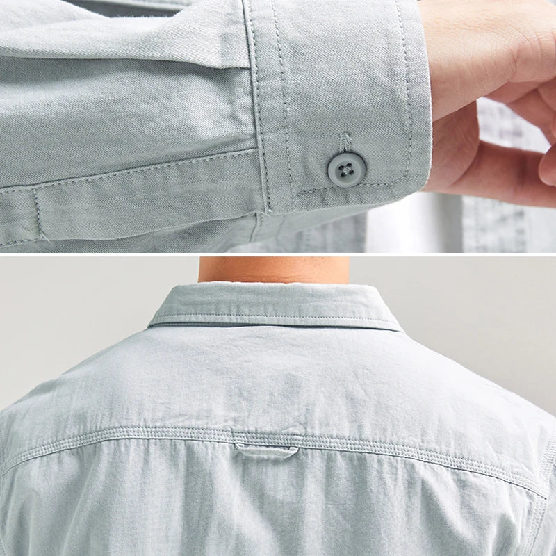 Mens Vintage Shirt Male Lone Sleeve Cargo Shirts Cotton Casual Solid Shirt.