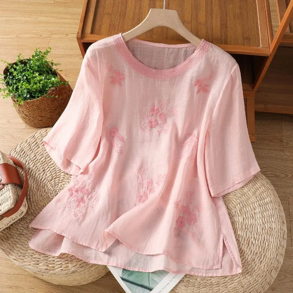 Women's Casual Linen Blouse Floral Embroidery Round Neck Short Sleeve.