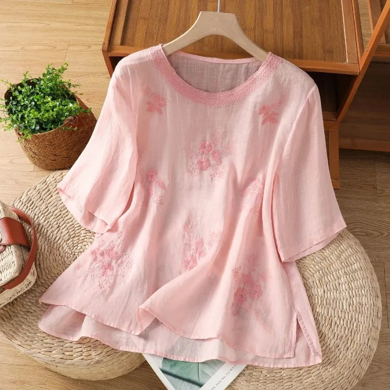 Women's Casual Linen Blouse Floral Embroidery Round Neck Short Sleeve.
