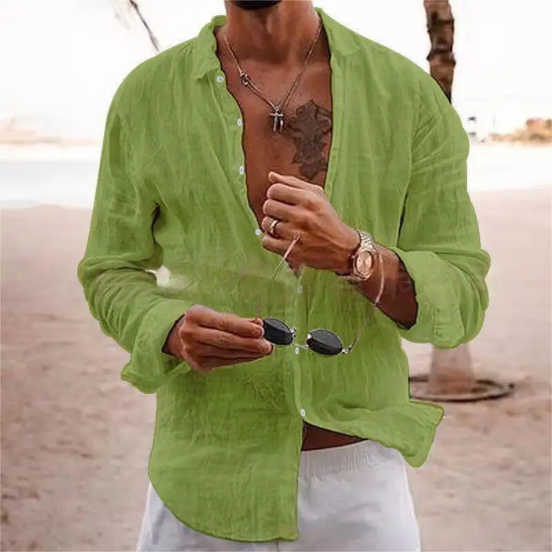 Men's Cotton Linen Shirts Top Simple Laple Solid  Man Shirts Tops Comfortable.
