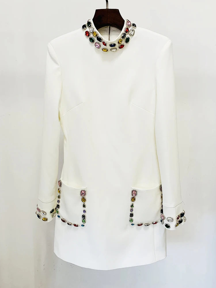 Women's Colorful Diamond Standing Neck Long Sleeve Dress.