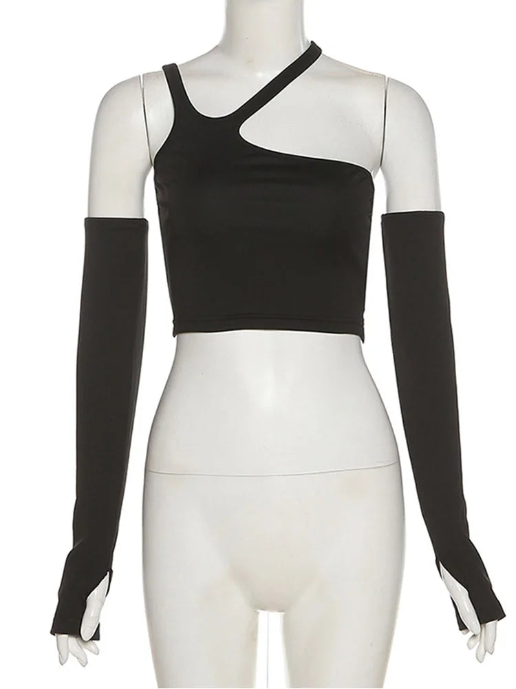 Autumn Fashion Casual Slim Solid Removable Sleeves Halter T Shirt For Women.