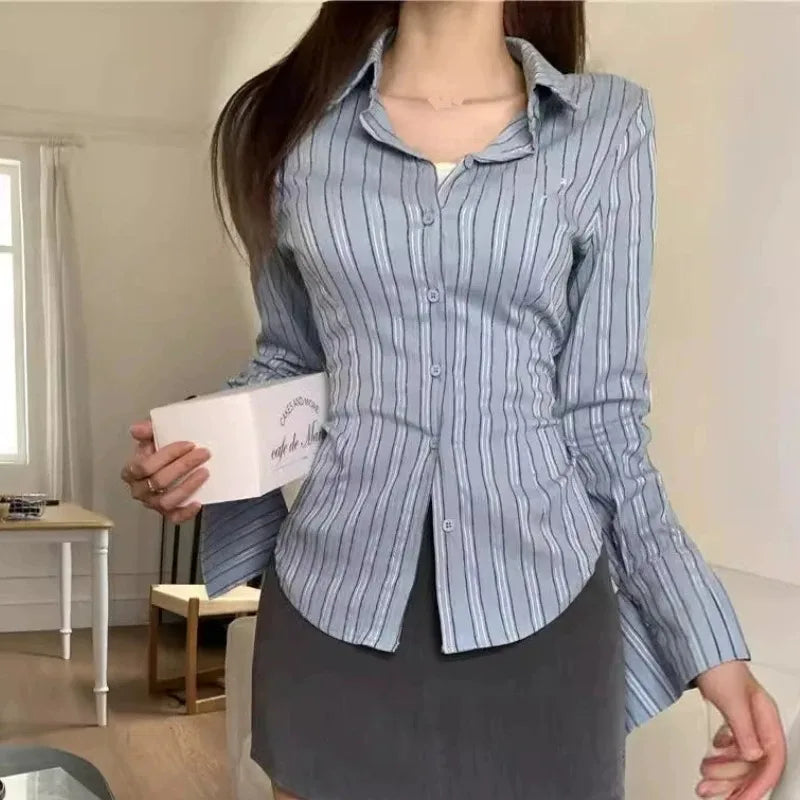 Korean New Blue Striped Long Sleeve Shirt Woman Office Buttons.