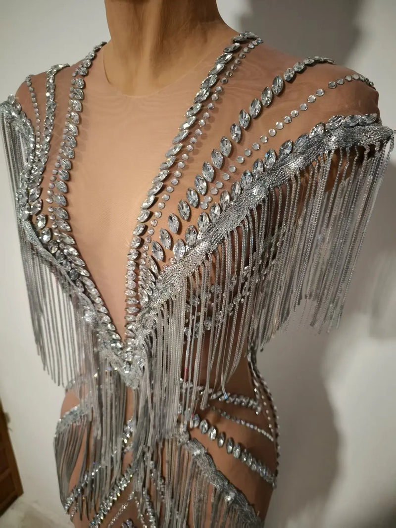 Women Sexy Mesh Sparkly Rhinestone Tassels Stretch Long Dress.