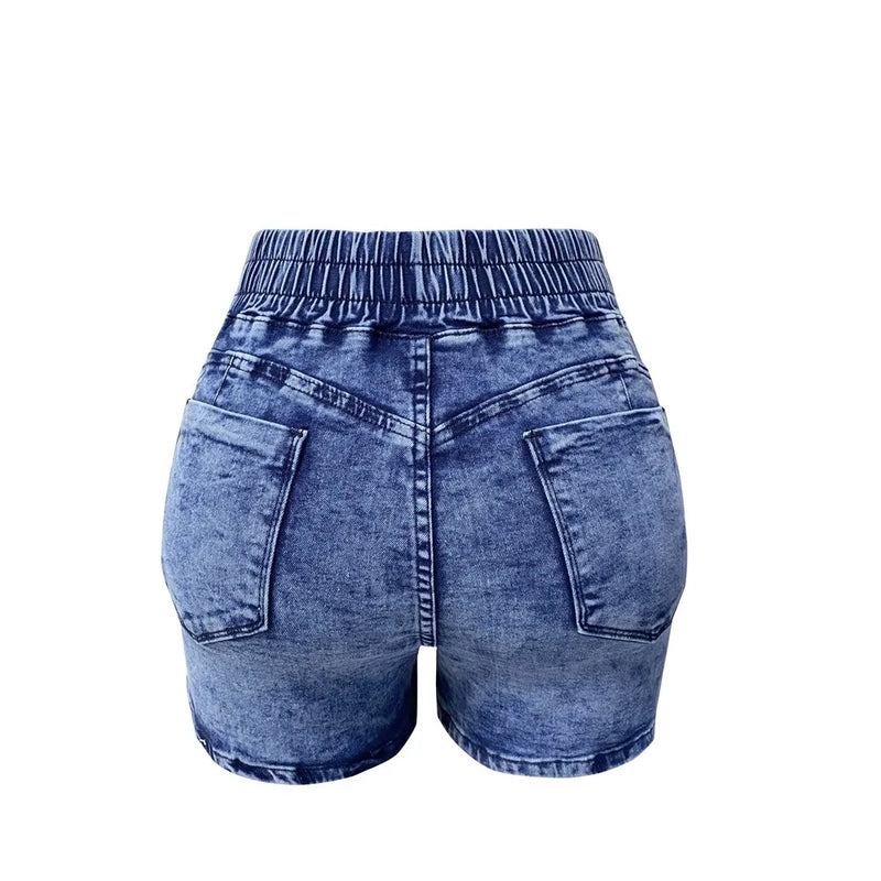 Women Summer Denim Shorts Ladies Elastic Waist Bandage Jeans.