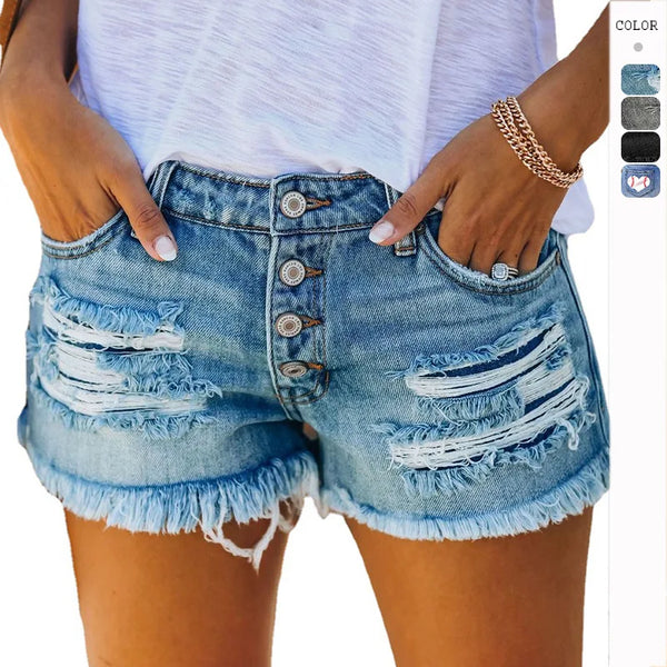 Denim Shorts Women Fashion Trendy Hole Tassel Solid Color.