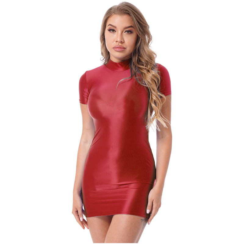 Women’s Oil Glossy Tights Mini Dress Sexy Party Clubwear.