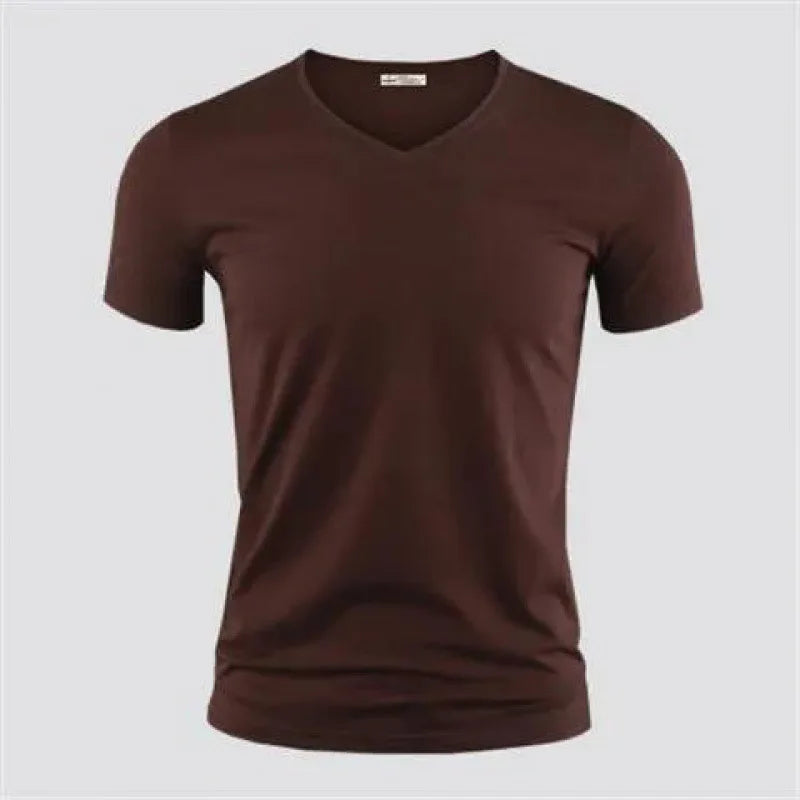 Men's T Shirt Pure Color V Collar Short Sleeved Tops Tees Men T-Shirt Black Tights.