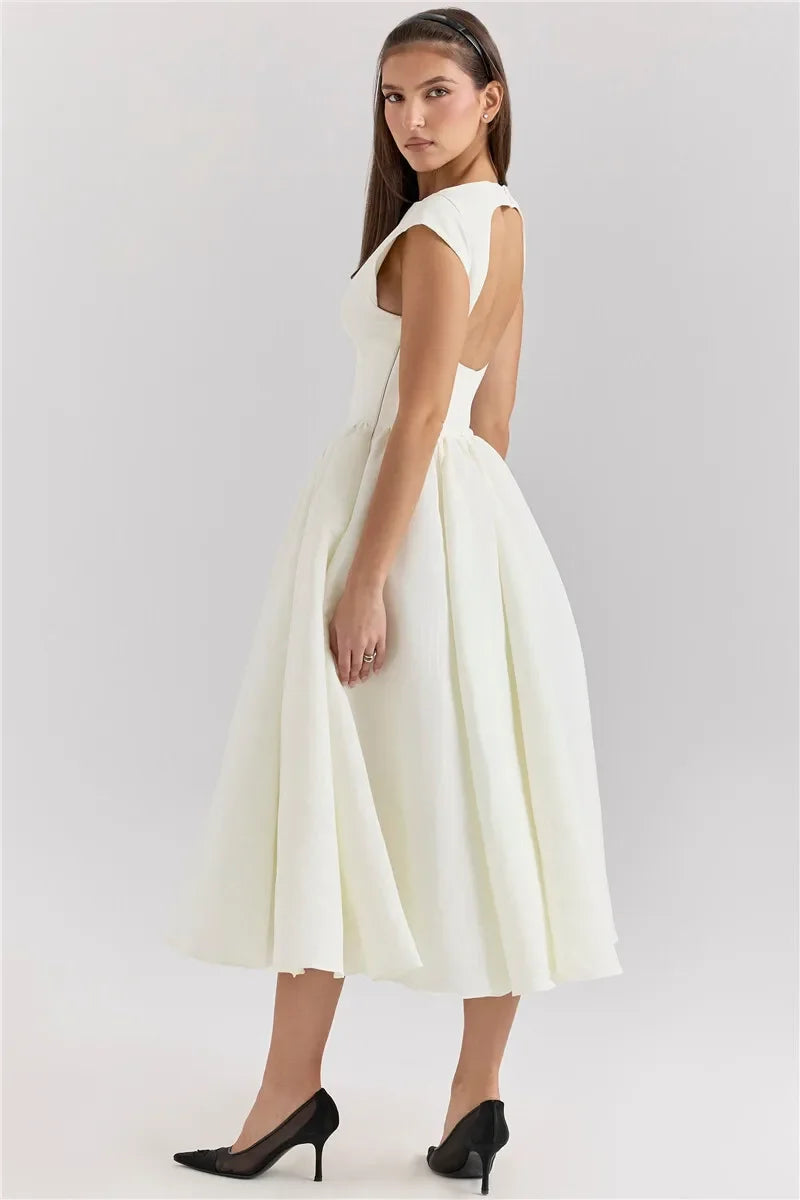 Suninheart Women Circle Cut Out Back Dress Wide Shoulders.
