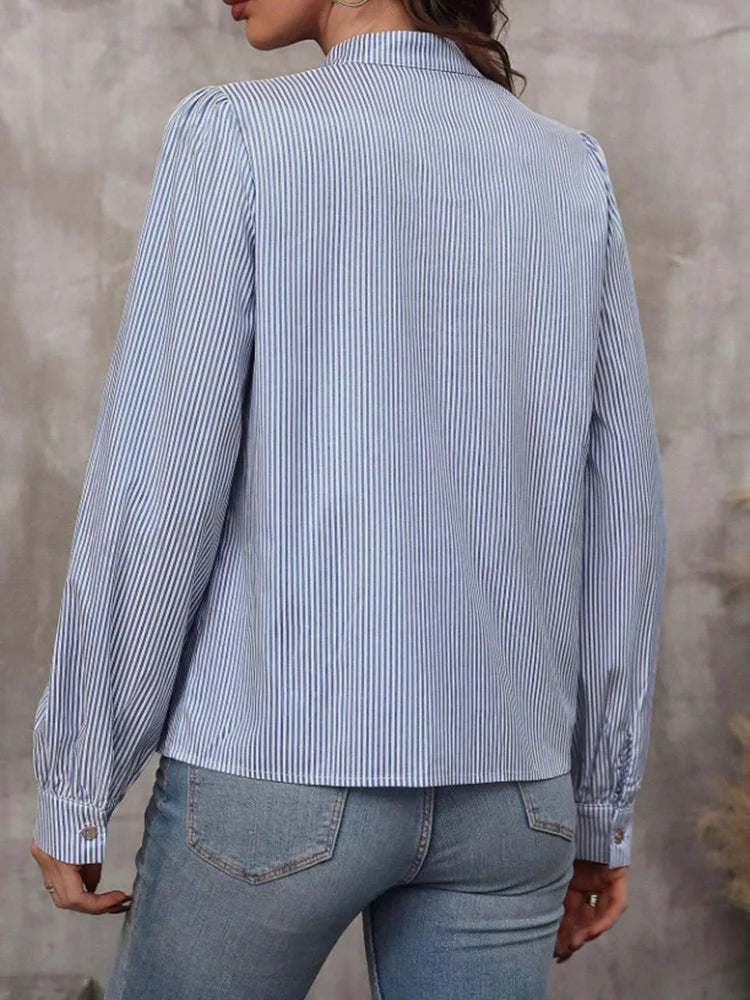 Women V-Neck Button Down Long Sleeve Top Solid Color Striped Shirt.