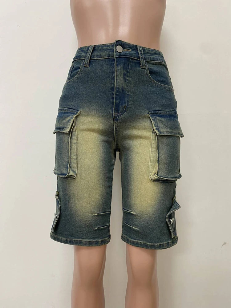 Summer Women High Waisted Jean Shorts Washed Pockets Elastic Straight.