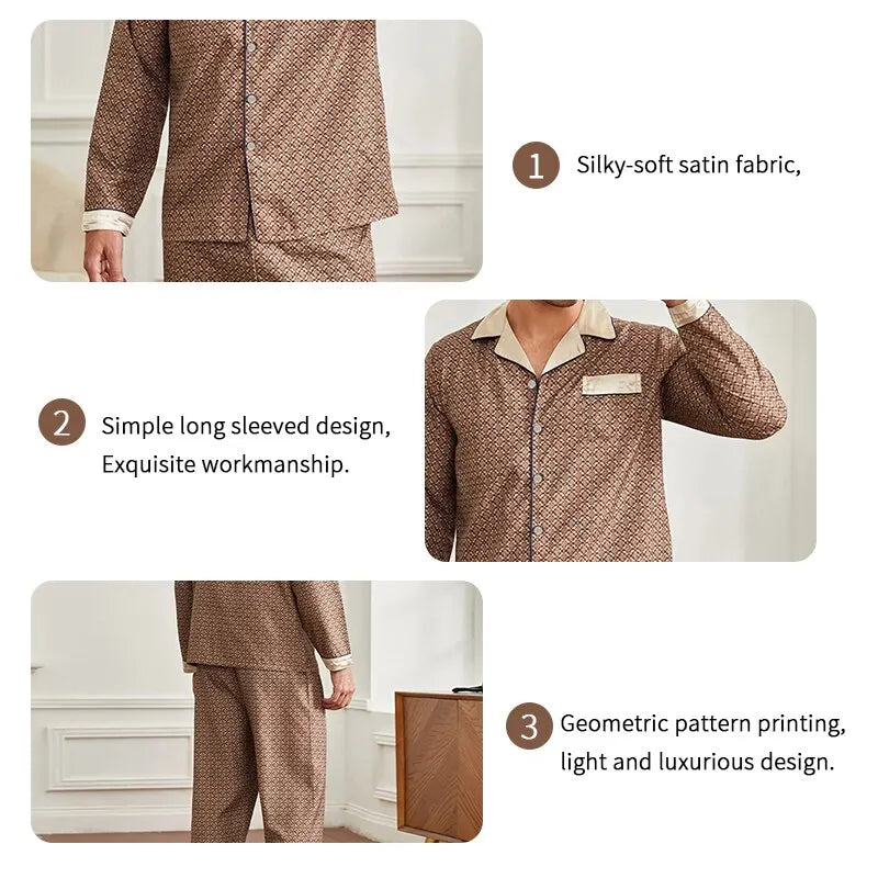 High Quality Pajamas Set Men Spring Autumn Thin Polyester Ice Silk Long-sleeved Sleepwear.