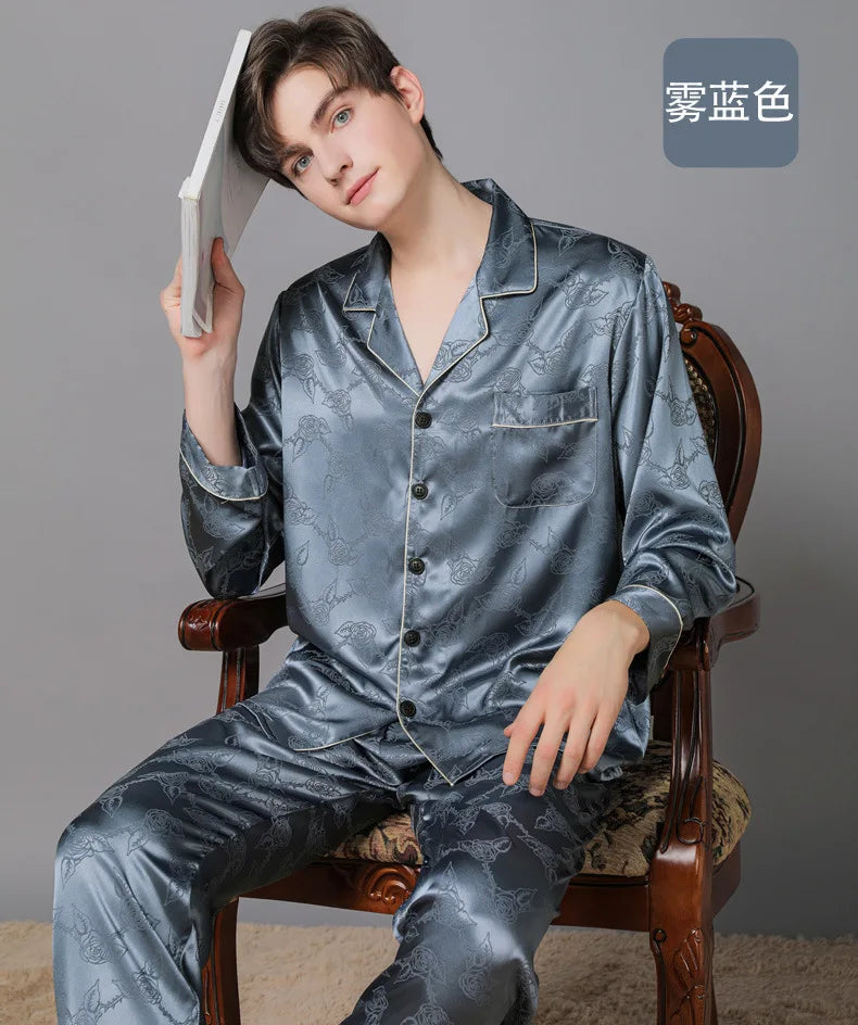Men Ice Silk Pajamas Suit Summer Plus Size.