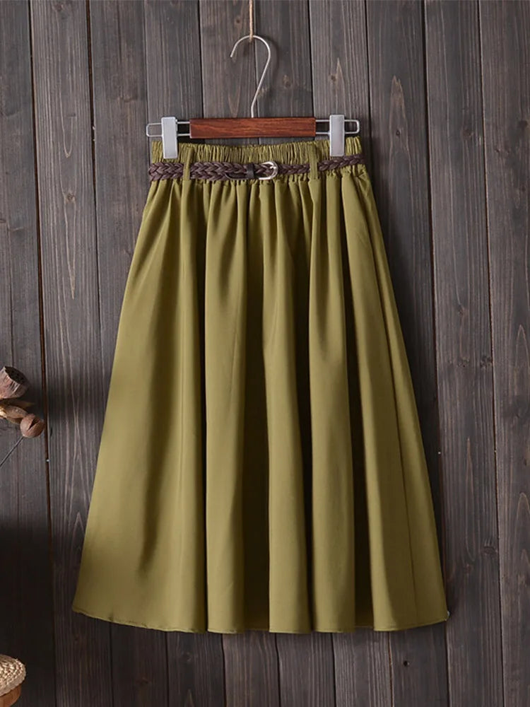 Midi Knee Length Summer Skirt Women With Belt Fashion Korean Ladies.