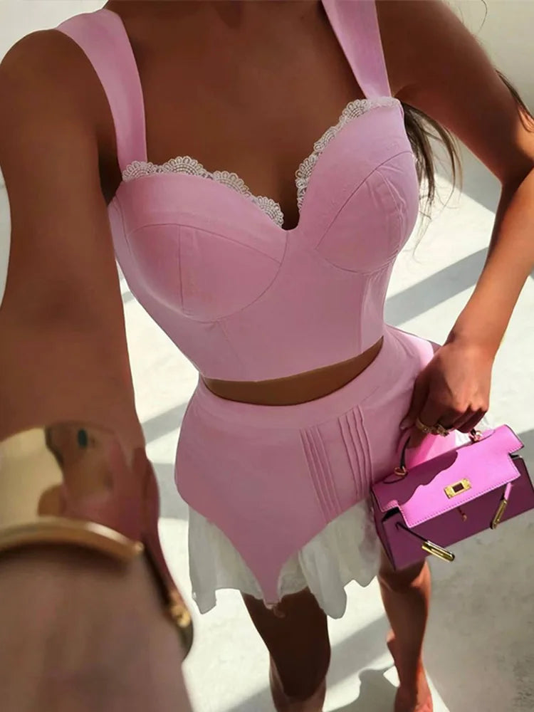 Elegant Women's Lace Short Skirt Sets Slim Sleeveless Camisole Top.