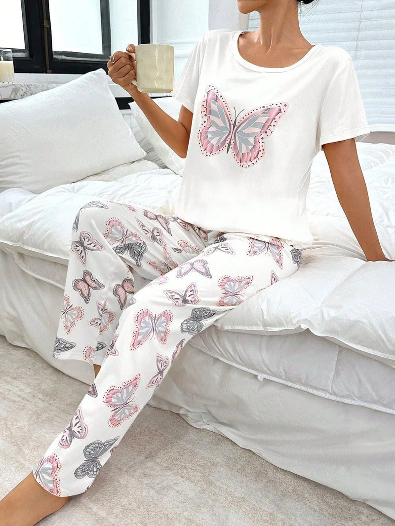 Women's Butterfly Print Pajamas Set Short Sleeve Top And Trousers 2 Piece.
