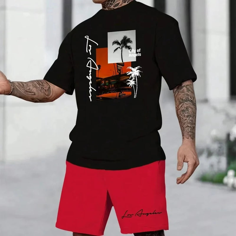 Men's Suit Hawaiian Gradient Coconut Print Suit Summer Beach T-Shirt and Pants 2 Piece.