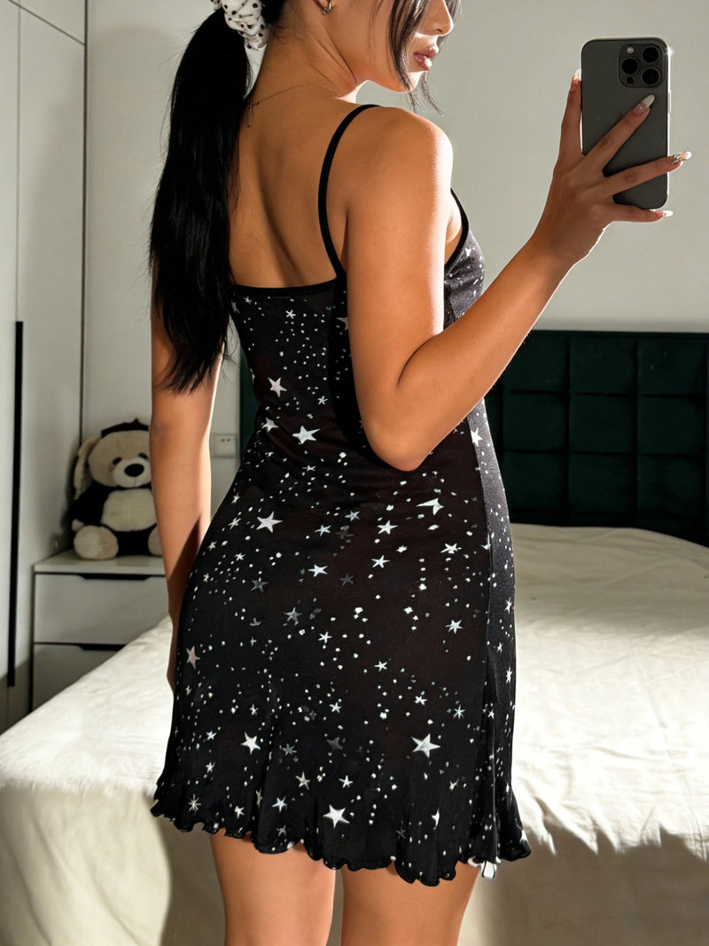 Summer Women Nightdress Spaghetti Strap Ruffled Round Neck Cute Cat Star.