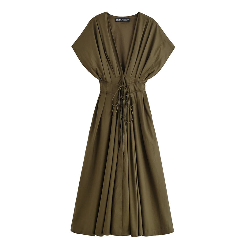 Women's New Fashion V-neck Pleated Down Shoulder Short Sleeve Midi Dress.