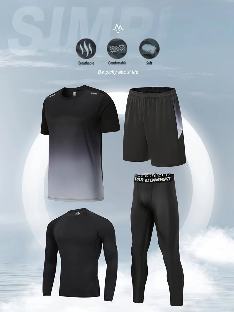 Men's Sports 4pcs Set, High Stretch Gradient Color T-shirt Active Shorts Leggings.