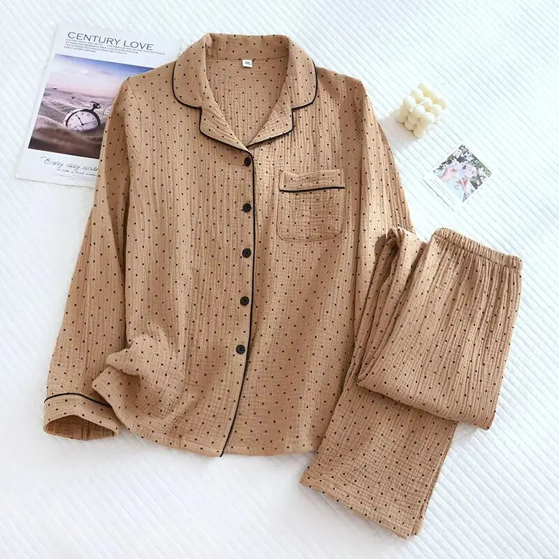 Spring and Autumn Women's Pajama Set cotton crepe long-sleeved trousers.