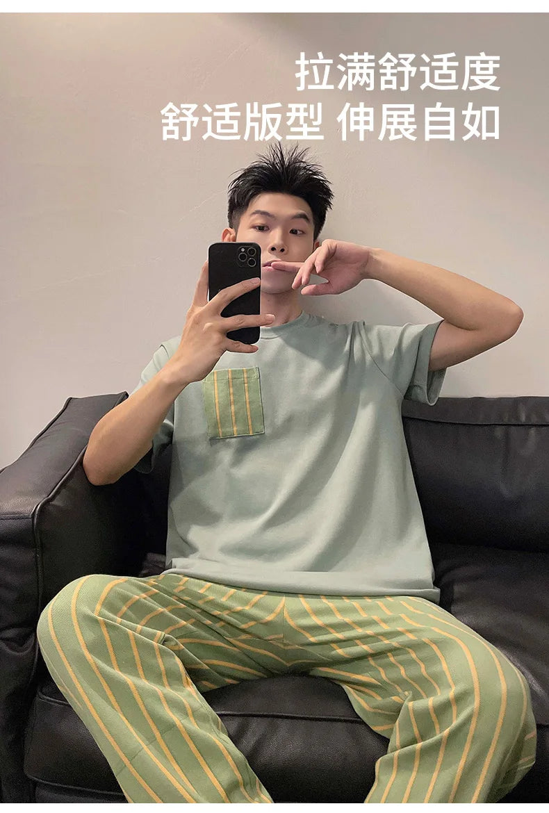 Summer Knitted Plaid Cool Mens Pyjamas Pajamas Casual Pjs Lounge Sets.
