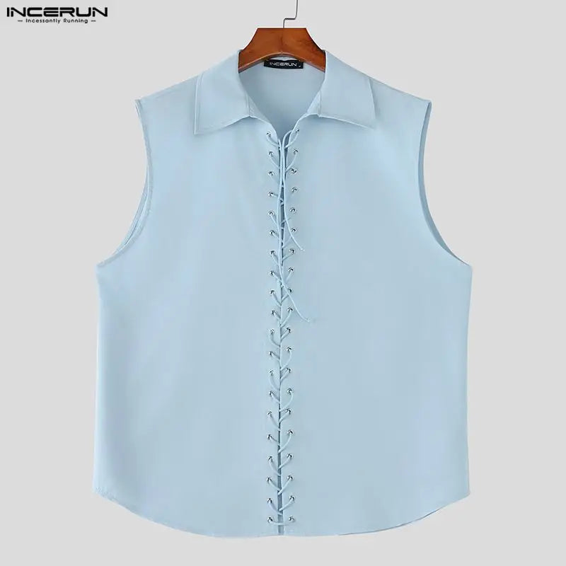 INCERUN Men's Shirt Solid Lapel Sleeveless Lace Up Men Clothes Summer.