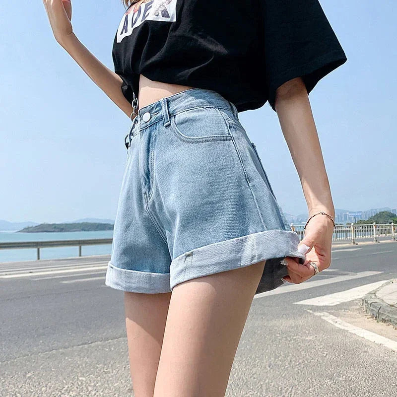 Summer Women Denim Shorts High Waist Blue Cotton Wide-leg Short.
