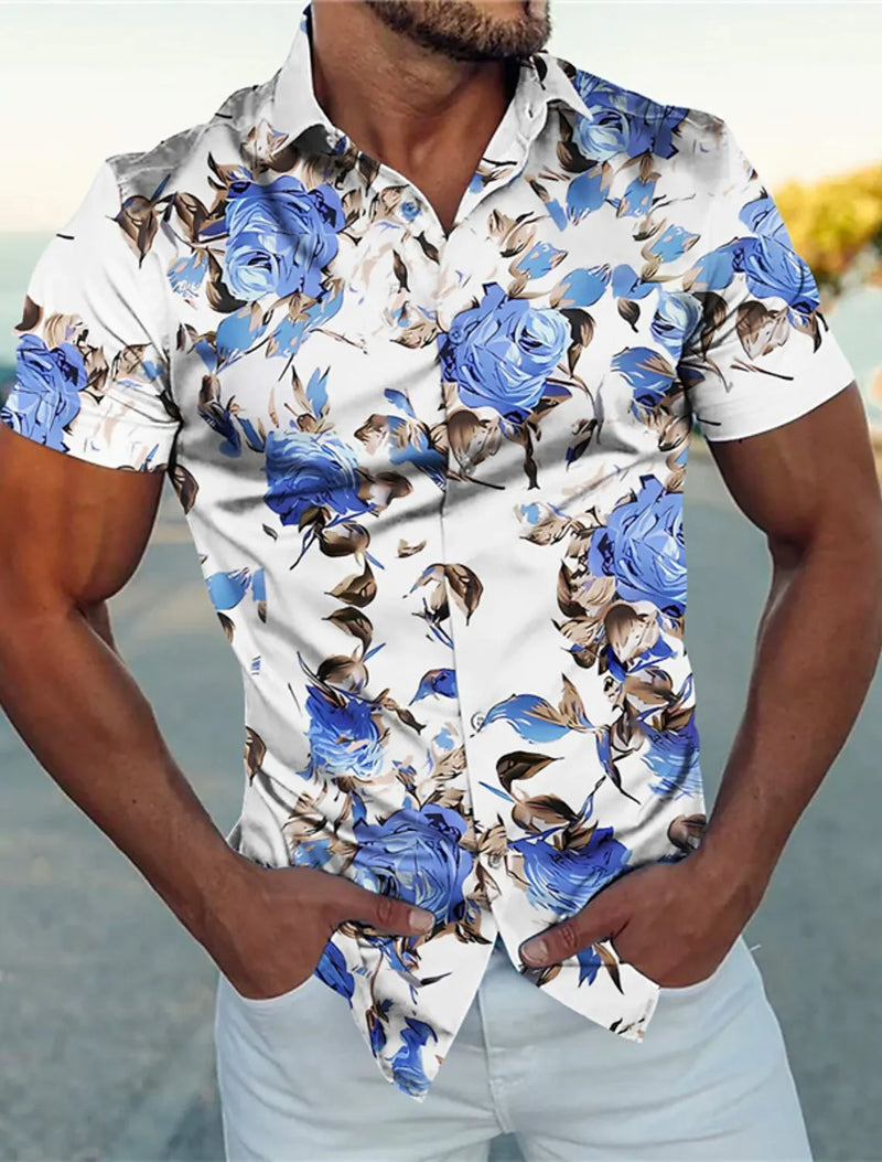Summer Floral Rose 3D Print Shirts Men Fashion Shirt Casual Vintage.