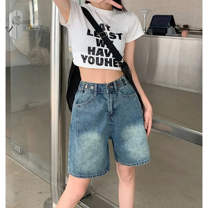 Women's Denim Shorts American Retro High-Waisted Jean Shorts Korean Style.