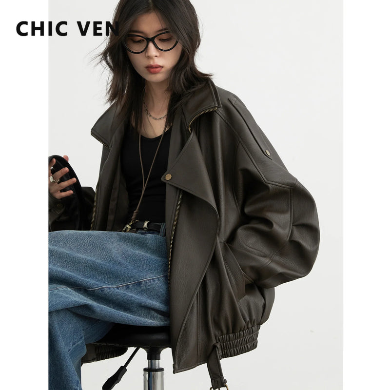 CHIC VEN Woman PU Jacket Solid Loose New Retro Standing Collar Motorcycle.