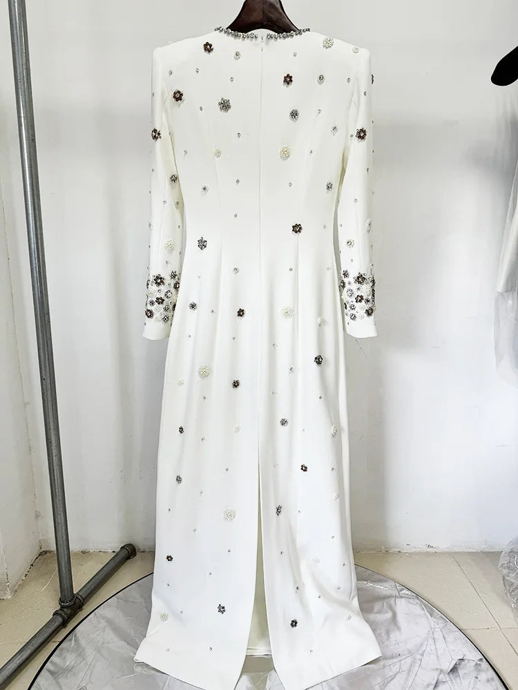 Women's Formal Long Sleeve Luxurious Beaded Long Maxi Dress.