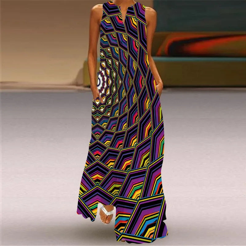 Vintage Print Maxi Dress For Women.