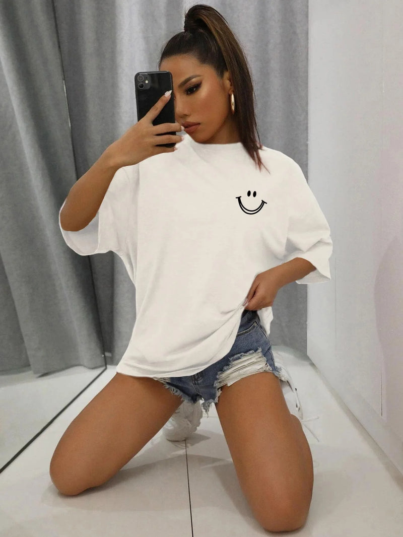 Happy Expression Printed Womens Cotton Short Sleeve Street Hip Hop Tee.