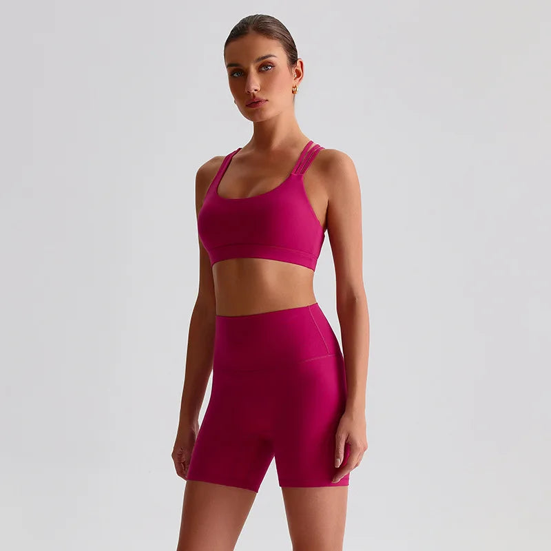 Solid Color Gym Yoga Set Short Legging Cross Back Shoulder Strap Sport Bra Tracksuit Women.