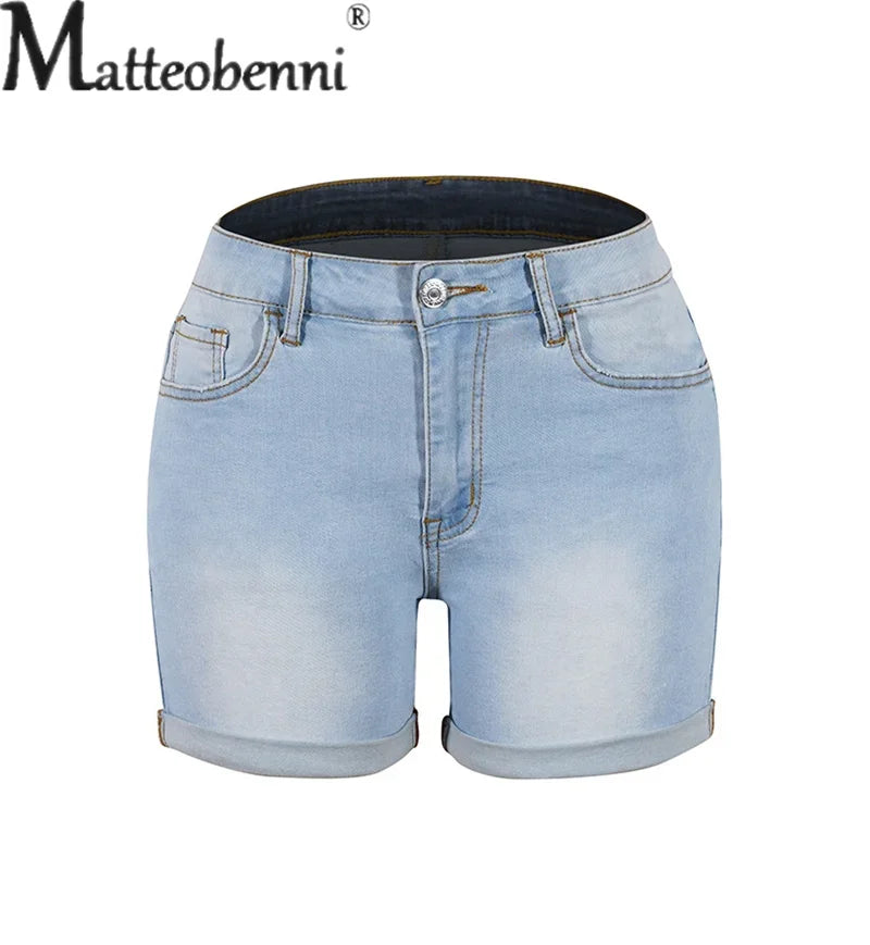 Summer Stretch Midriff Button Splice Denim Shorts Women Comfortable.