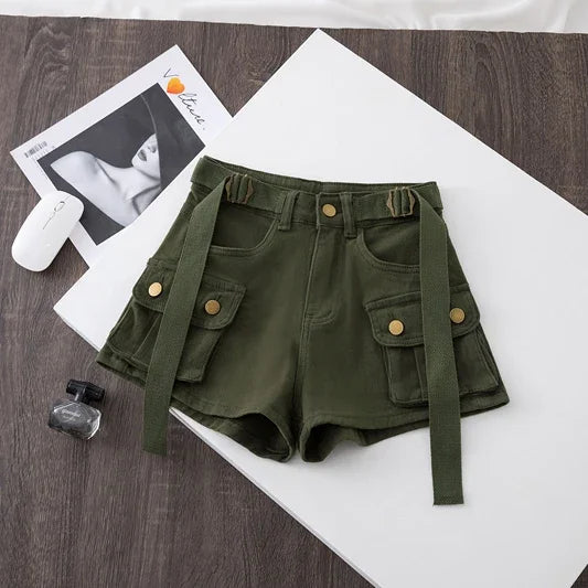 Retro Army Green Work Wear Denim Shorts  Summer Cool Girl Chic.