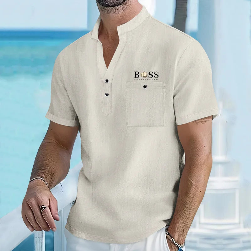Men's stand up collar short sleeved T-shirt Male Cotton and linen.