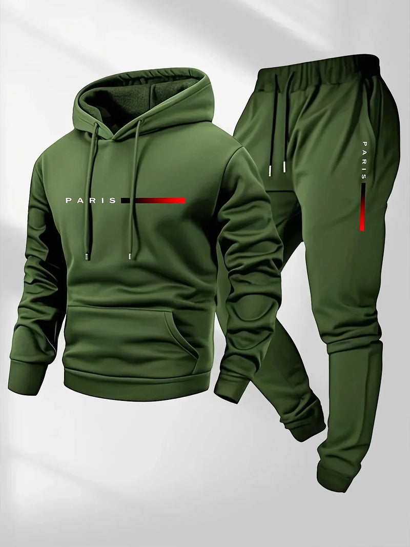 Print Sweatshirt Suit Men's Fleece Hoodie Pants Set Spring Autumn Winter.