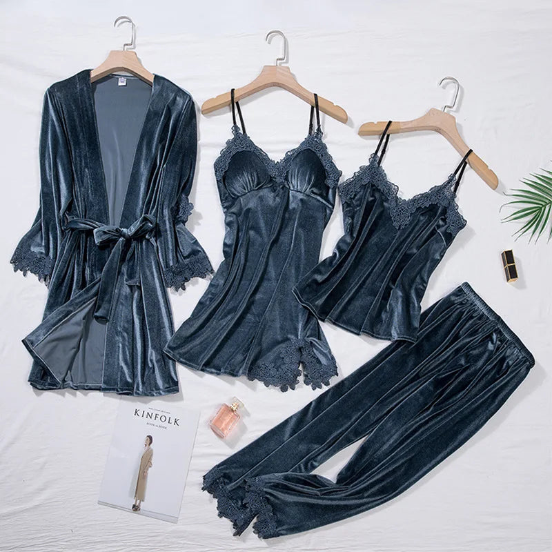 TOP Casual Velour Home Clothing 4pcs Sleep Set Intimate Lingerie Women Pajamas.