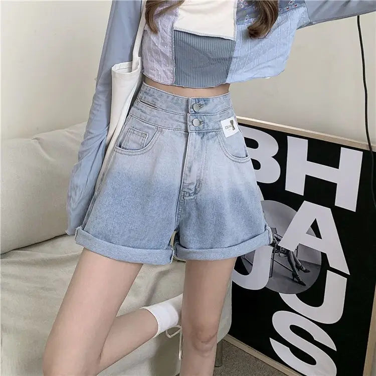 Ripped Denim Womens Shorts High Waist Wide Short Pants for Women.