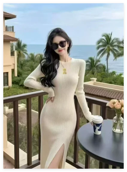 European Women Clothes Long Sleeve Waist-Cinching Knitted Long Dress.