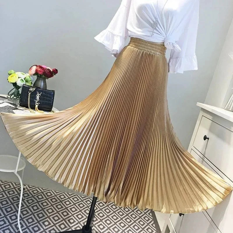 Women's Long Satin Metal Luster Pleated Skirt Half-length Accordion Skirt.