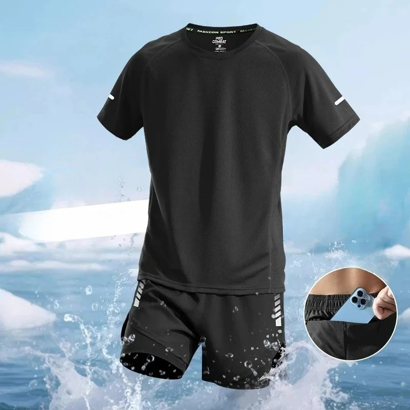 Sport Short Sleeve Tracksuit Ice Silk Quick Drying Fitness Clothes Running Sportswear.