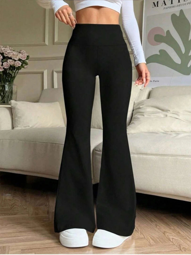 Women's Black High Waisted Flared Pants Stretchy Slimming Trousers.