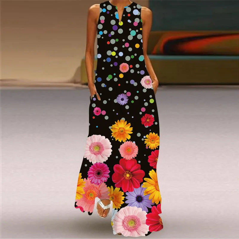 3D Floral Printed Dress Summer Vintage V-neck Sleeveless Loose Maxi Dress Elegant.