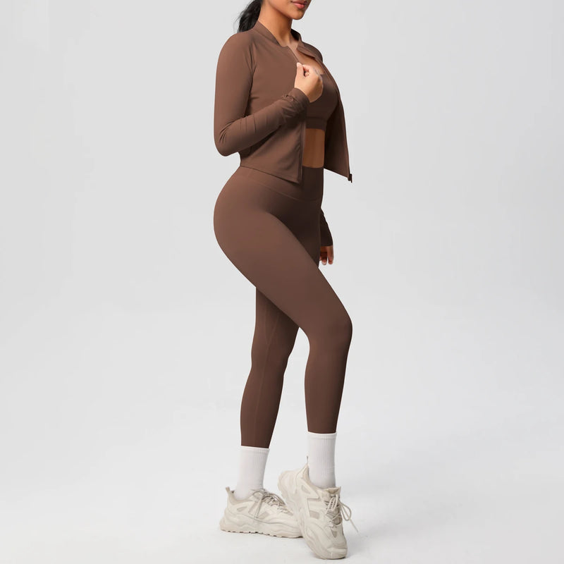 3pcs Sportswear Yoga Set Gym Sports Bra Zipper Jacket Leggings Clothes.