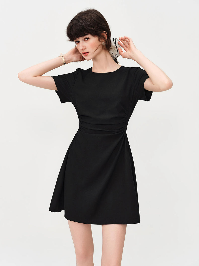 Women's Black Midi Dress, Crew Neck Short Sleeve Waist-Cinching.