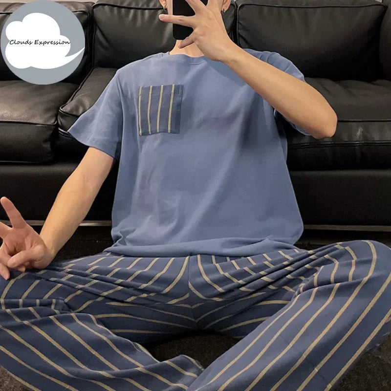 Summer Knitted Plaid Cool Mens Pyjamas Pajamas Casual Pjs Lounge Sets.